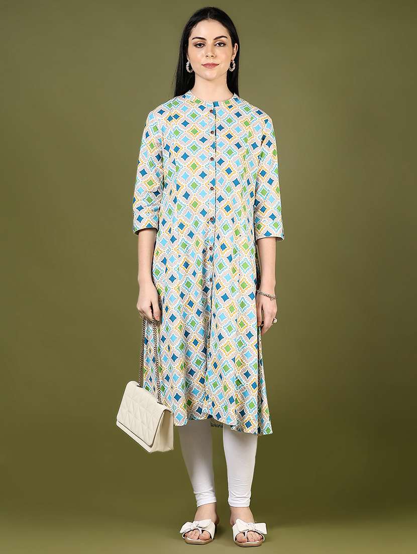 women solid with work three quarter sleeve a-line kurta - 22136615 -  Zoom Image - 0