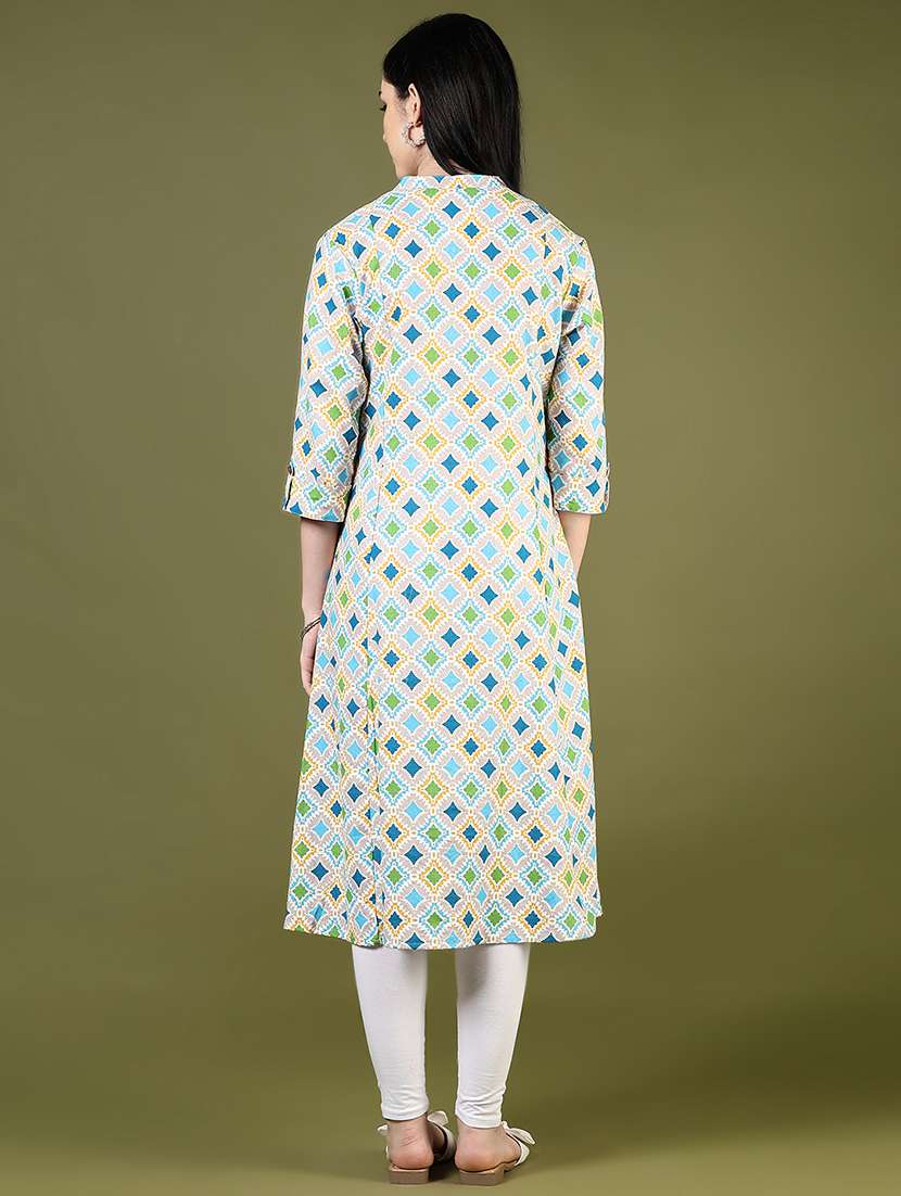 women solid with work three quarter sleeve a-line kurta - 22136615 -  Standard Image - 3