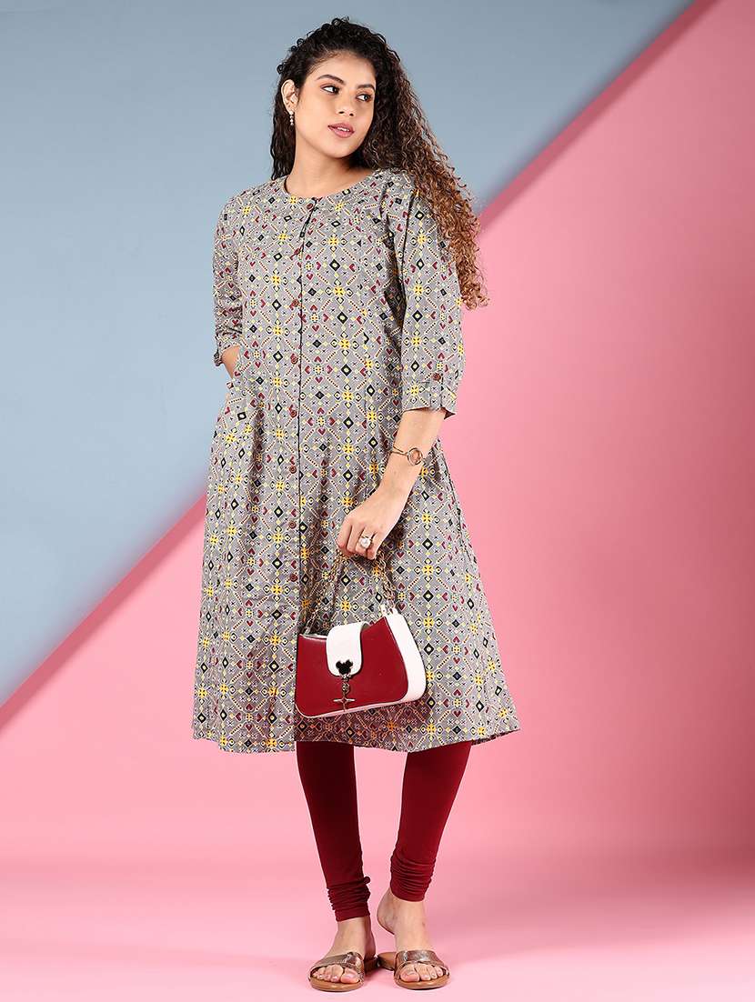 women printed three quarter sleeve a-line kurta - 22136616 -  Standard Image - 3