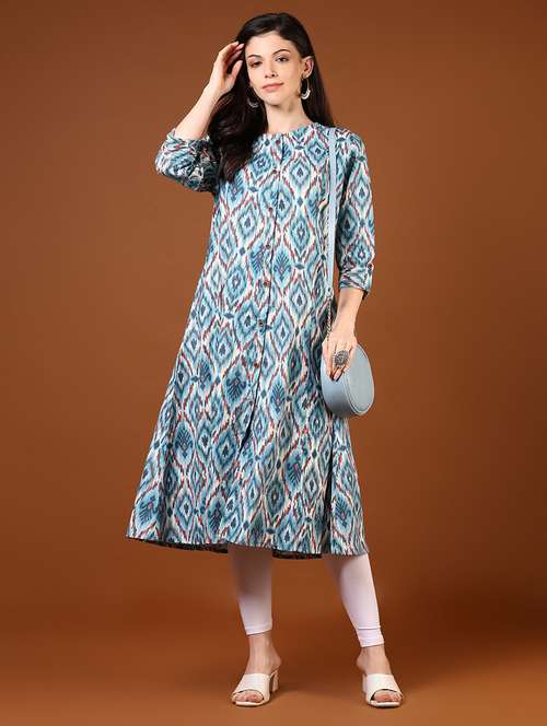 women printed three quarter sleeve a-line kurta - 22136617 -  Standard Image - 0