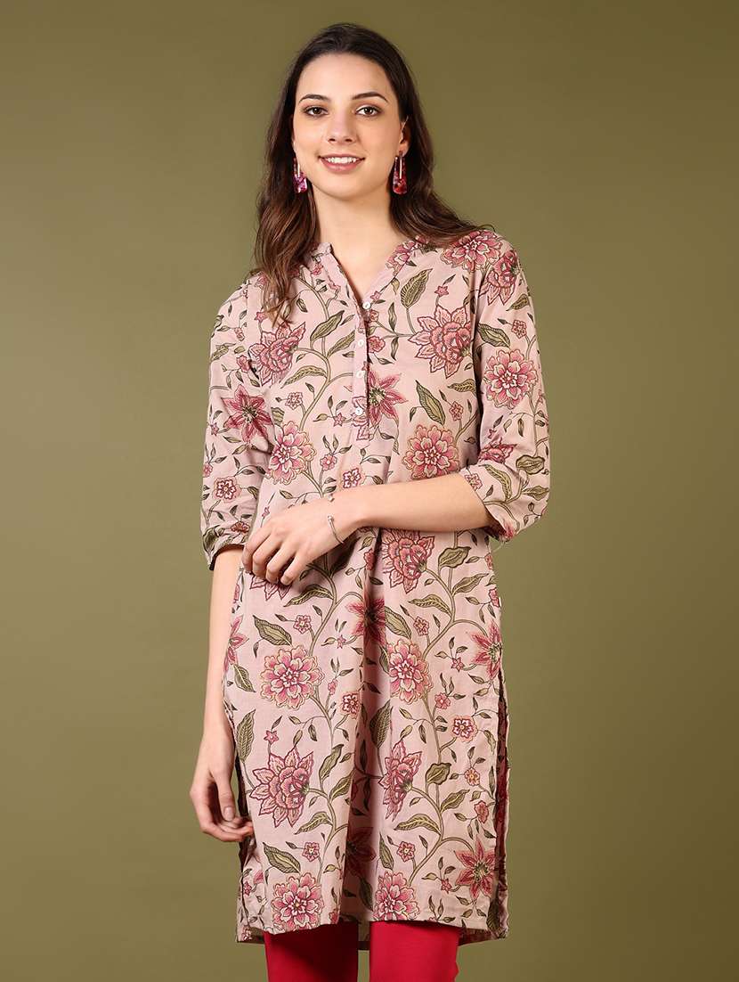 women floral printed three quarter sleeve straight kurta