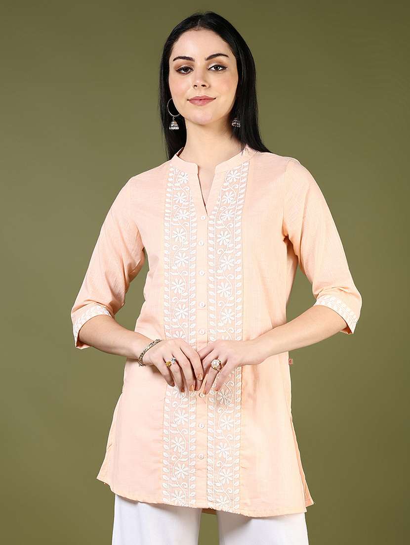 women solid with work three quarter sleeve straight kurti