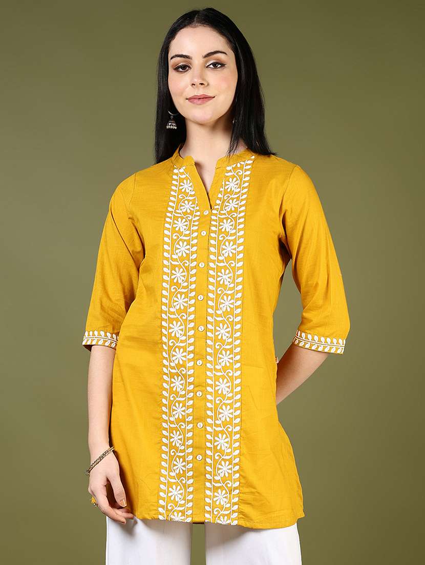 women solid with work three quarter sleeve straight kurti