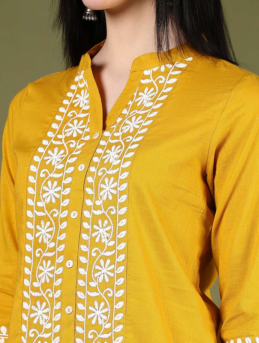 women solid with work three quarter sleeve straight kurti - 22136937 -  Standard Image - 5
