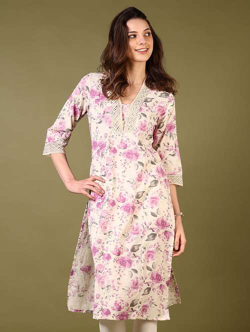 women floral printed three quarter sleeve straight kurta - 22136954 -  Standard Image - 0
