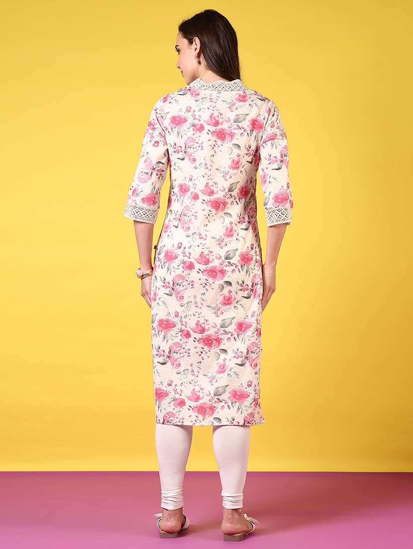 women floral printed three quarter sleeve straight kurta - 22136955 -  Standard Image - 3