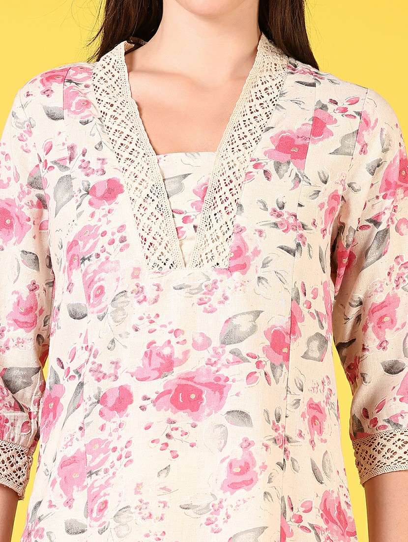 women floral printed three quarter sleeve straight kurta - 22136955 -  Standard Image - 5