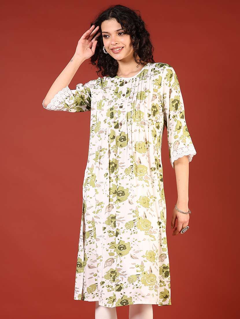 women floral printed three quarter sleeve straight kurta