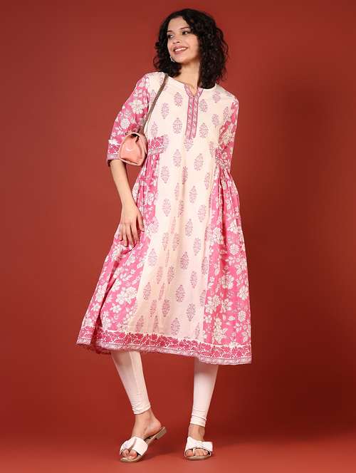 women floral printed three quarter sleeve a-line kurta - 22136985 -  Standard Image - 0