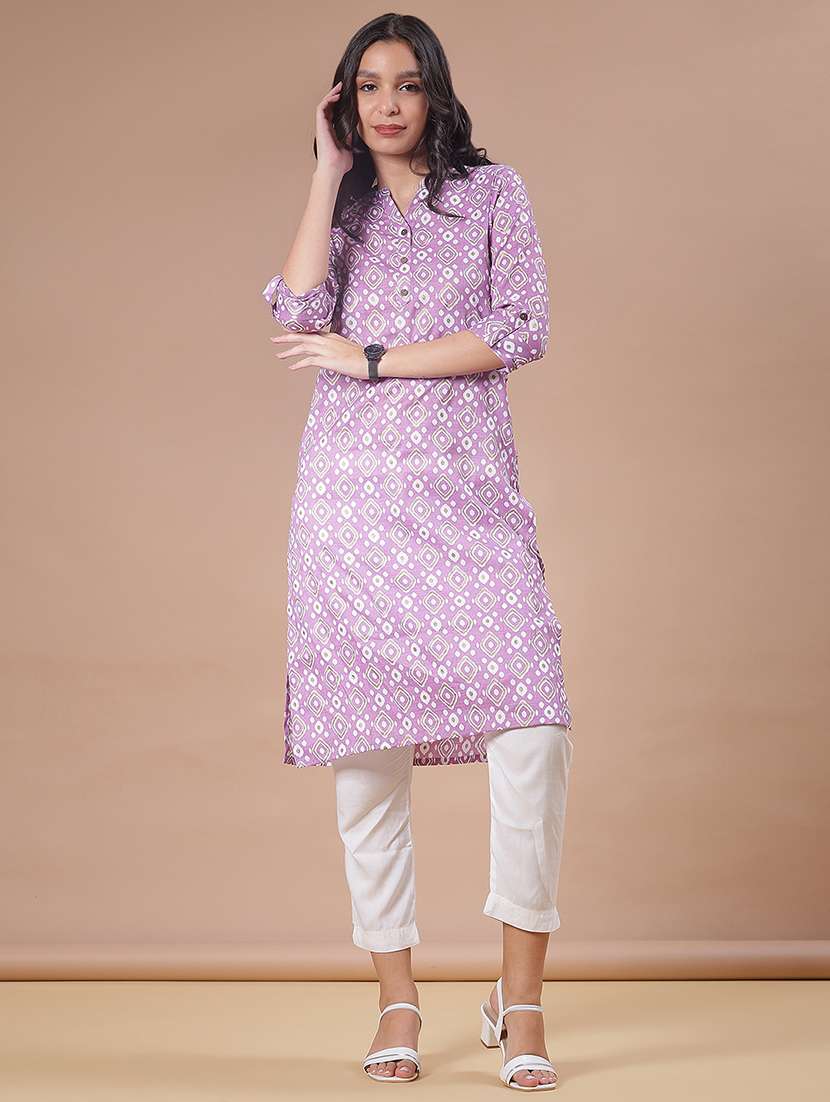 women printed three quarter sleeve straight kurta