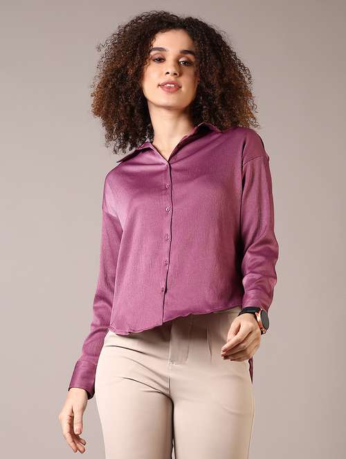 women solid collared long sleeve shirt - 22137118 -  Standard Image - 0