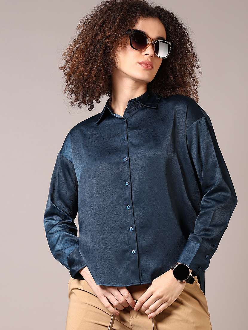 women solid collared long sleeve shirt
