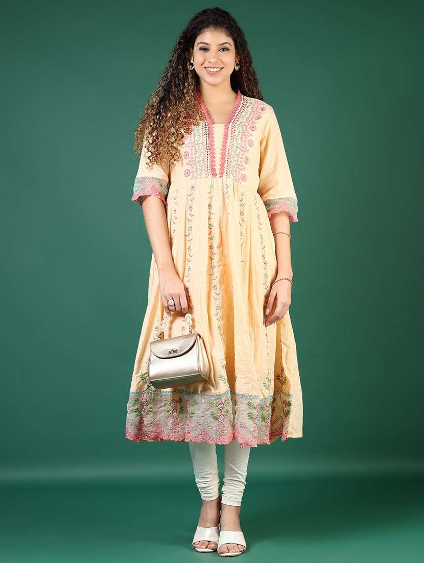 women embroidered three quarter sleeve anarkali kurta