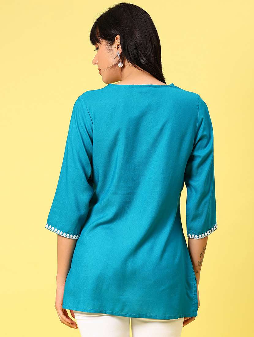 women solid with work three quarter sleeve straight kurti - 22138004 -  Standard Image - 3