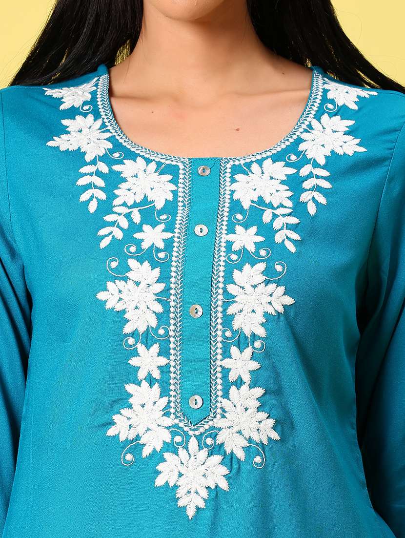 women solid with work three quarter sleeve straight kurti - 22138004 -  Standard Image - 5