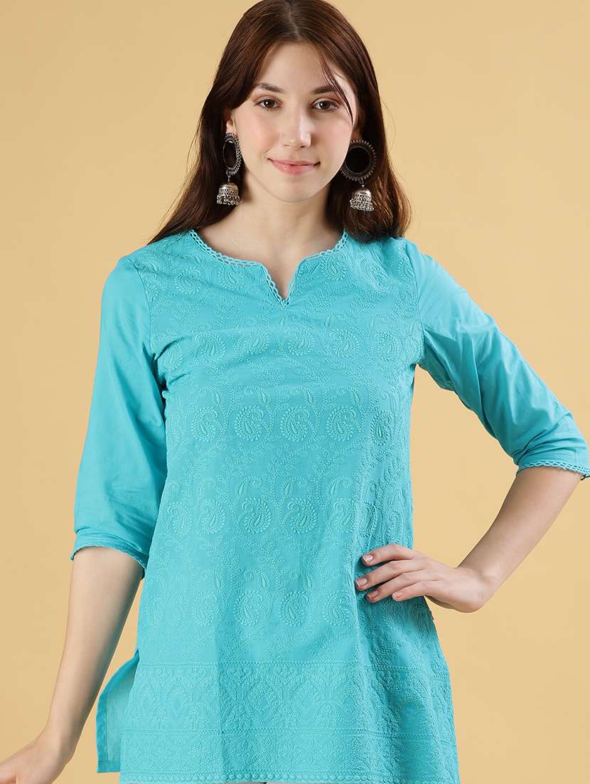 women solid with work three quarter sleeve straight kurti