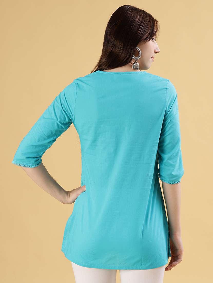 women solid with work three quarter sleeve straight kurti - 22138130 -  Standard Image - 3