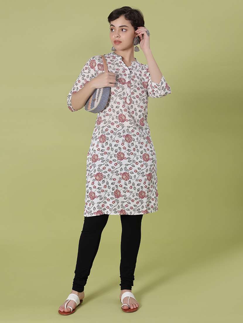 women floral printed three quarter sleeve straight kurta