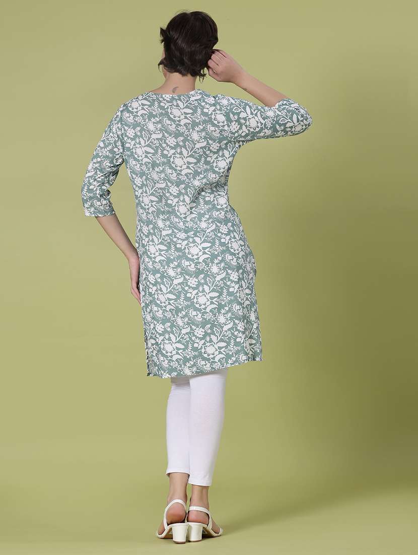 women floral printed three quarter sleeve straight kurta - 22138335 -  Standard Image - 3