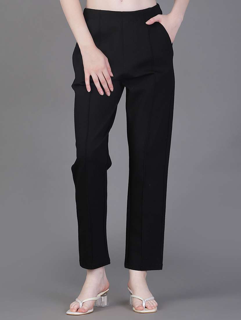 women solid high rise straight trouser