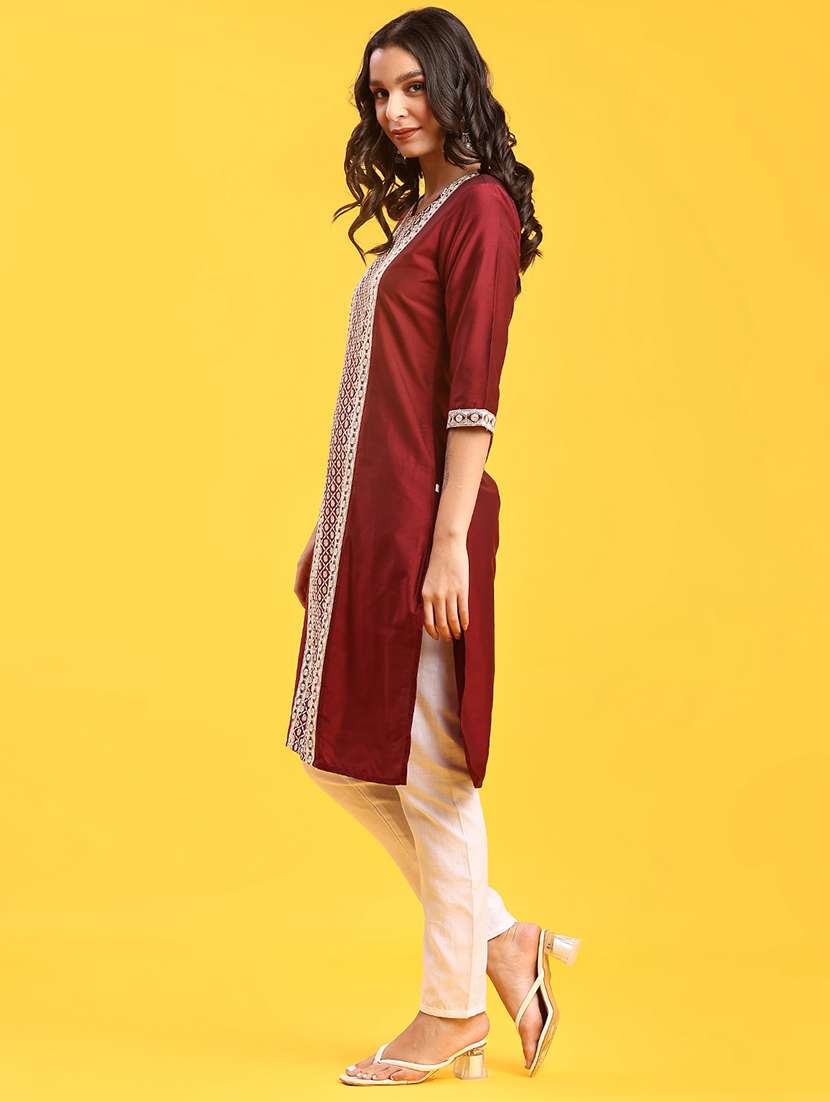 women solid with work three quarter sleeve straight kurta - 22138602 -  Standard Image - 3