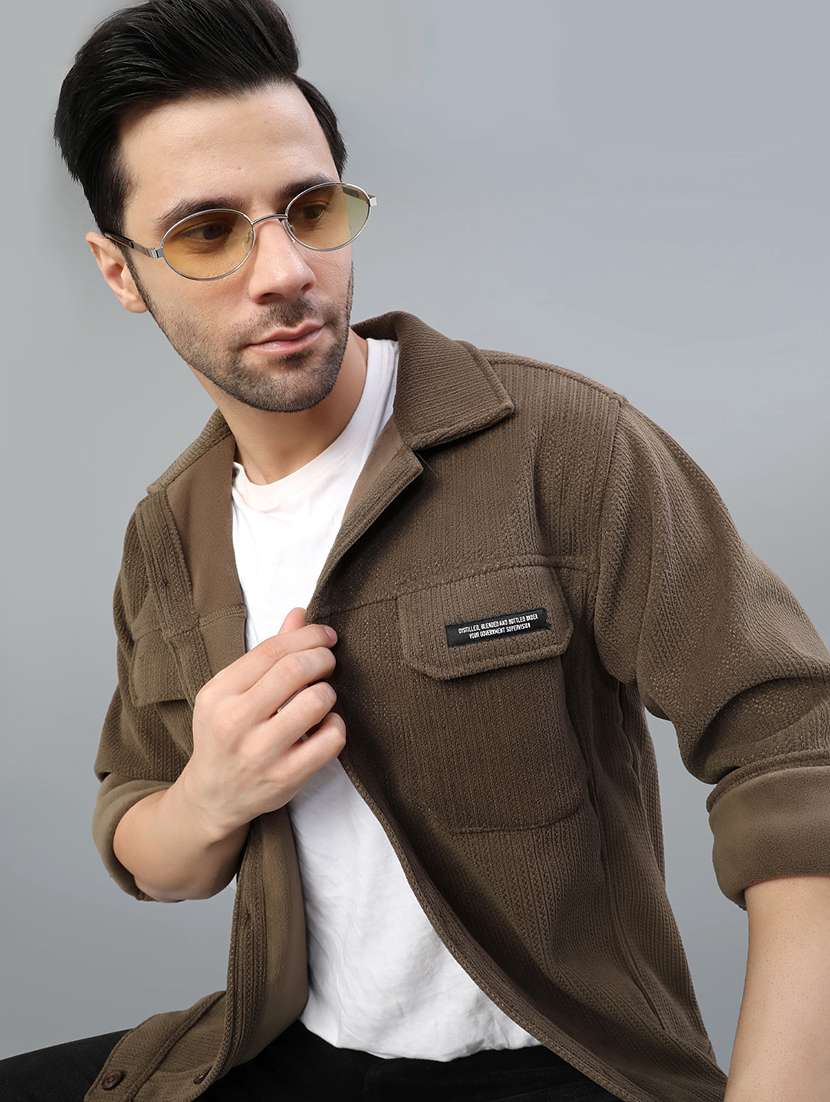 men solid collared long sleeve shacket