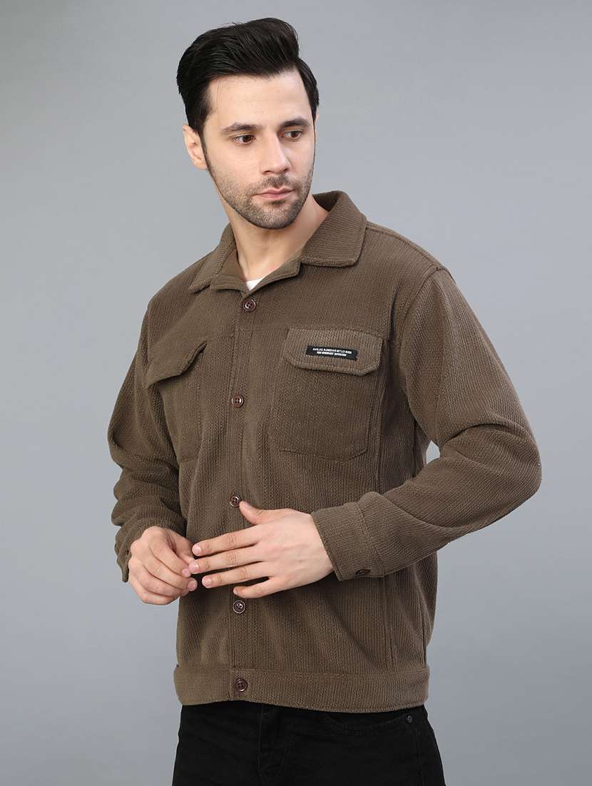 men solid collared long sleeve shacket - 22138704 -  Standard Image - 3
