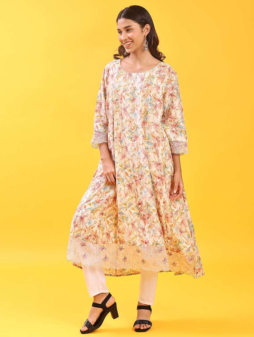 women floral printed three quarter sleeve a-line kurta - 22138732 - Standard Image - 3