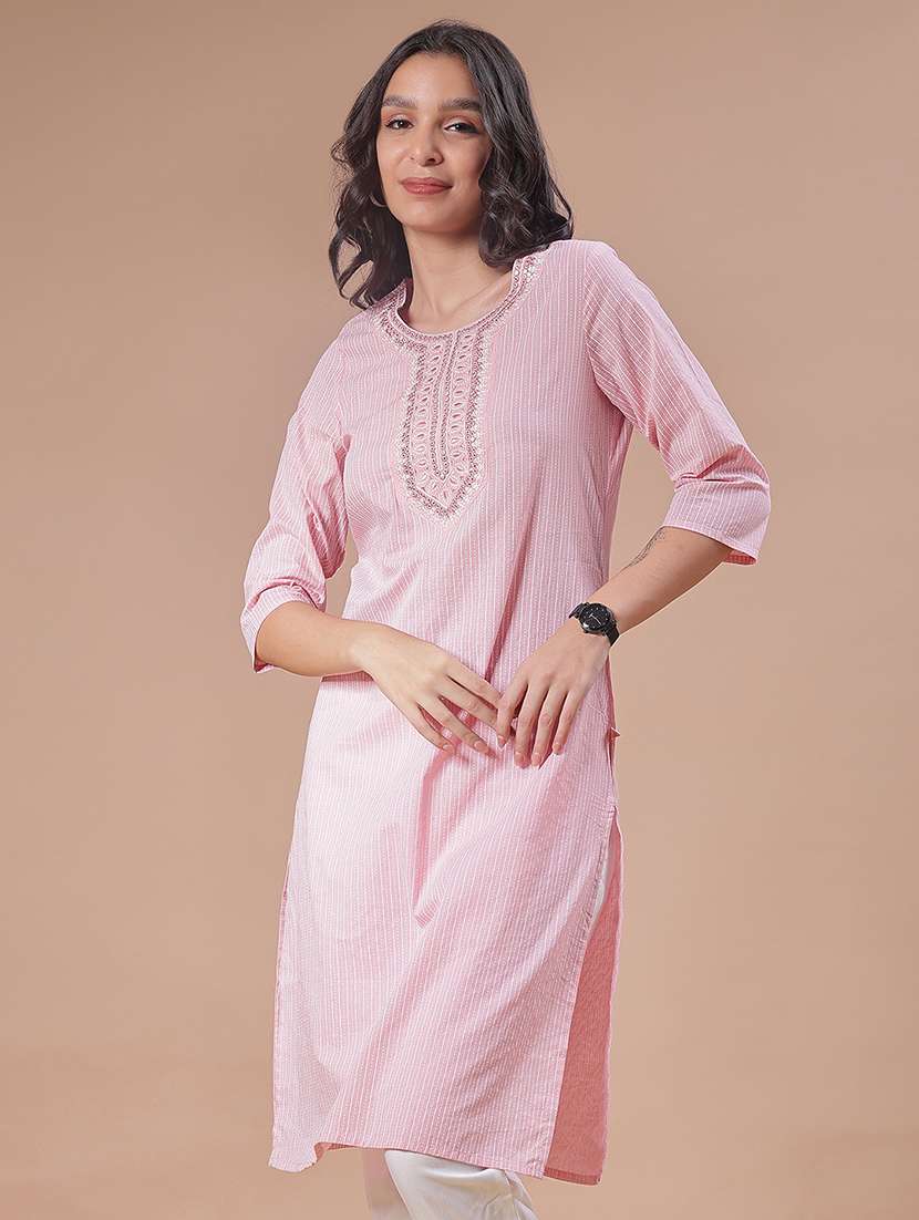 women striped three quarter sleeve straight kurta - 22138925 -  Zoom Image - 0