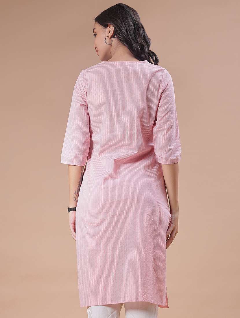 women striped three quarter sleeve straight kurta - 22138925 -  Standard Image - 3