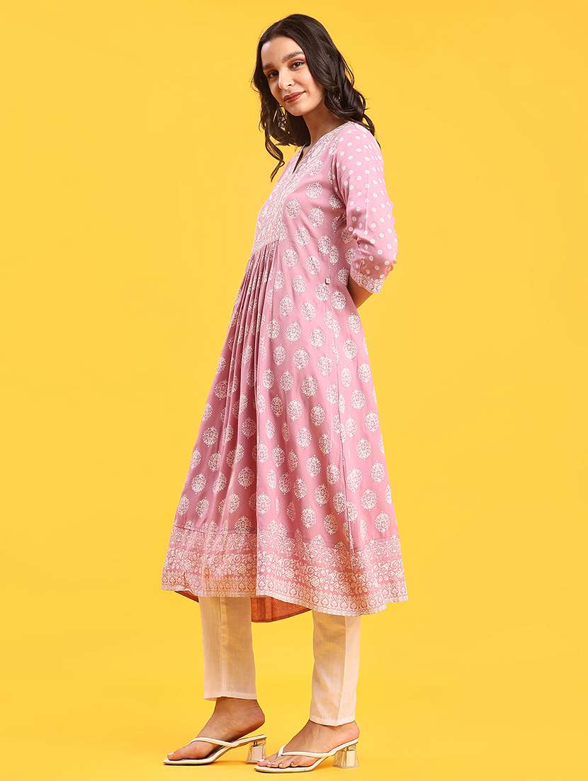 women printed three quarter sleeve a-line kurta - 22139390 -  Standard Image - 3