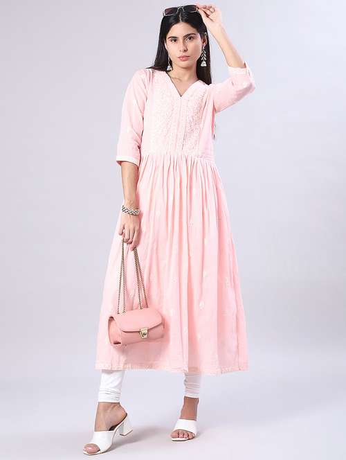 women solid with work three quarter sleeve flared kurta - 22139509 -  Standard Image - 0
