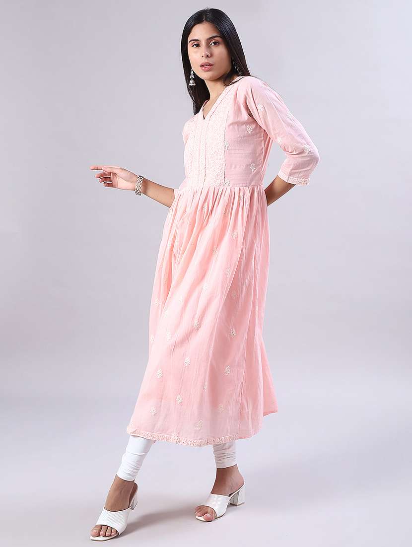 women solid with work three quarter sleeve flared kurta - 22139509 -  Standard Image - 3