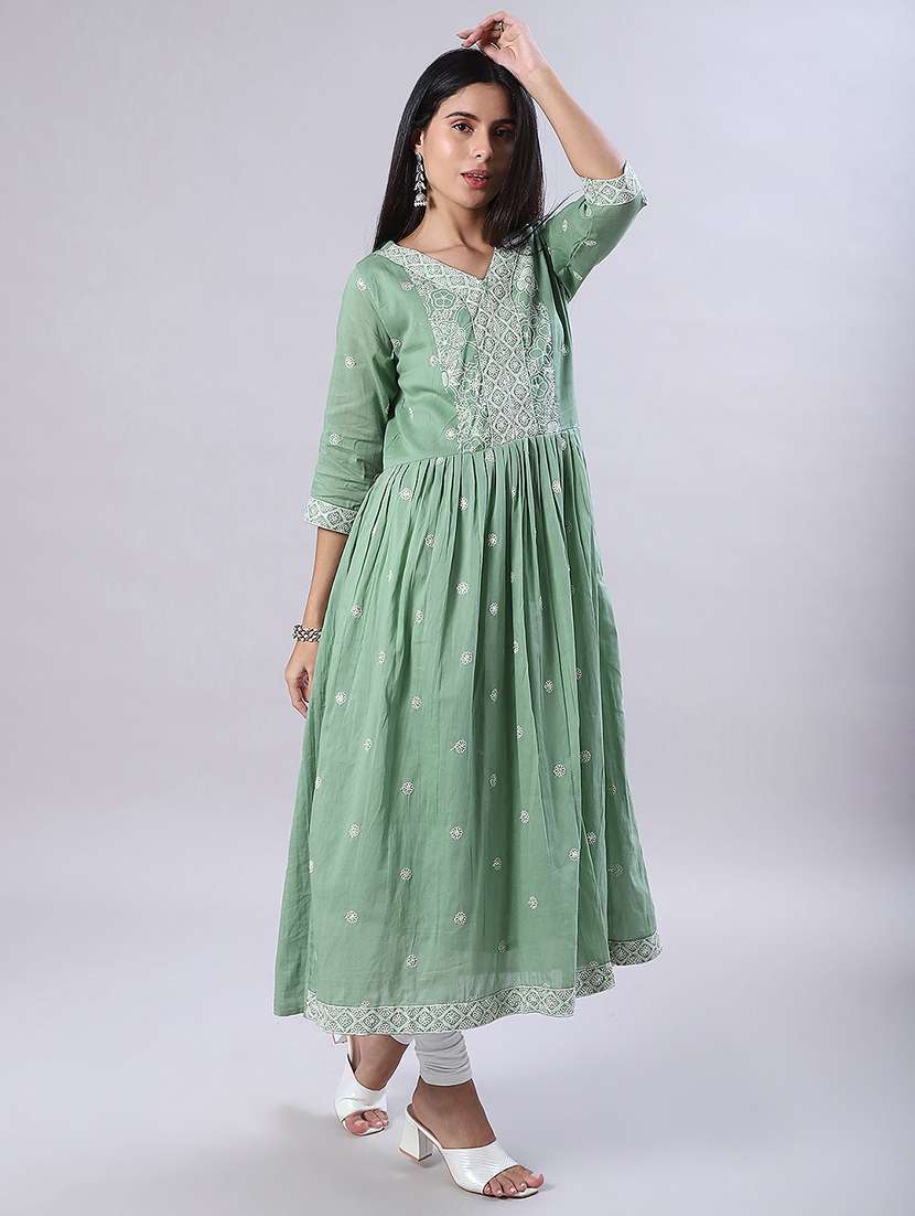 women solid with work three quarter sleeve flared kurta - 22139511 -  Standard Image - 3