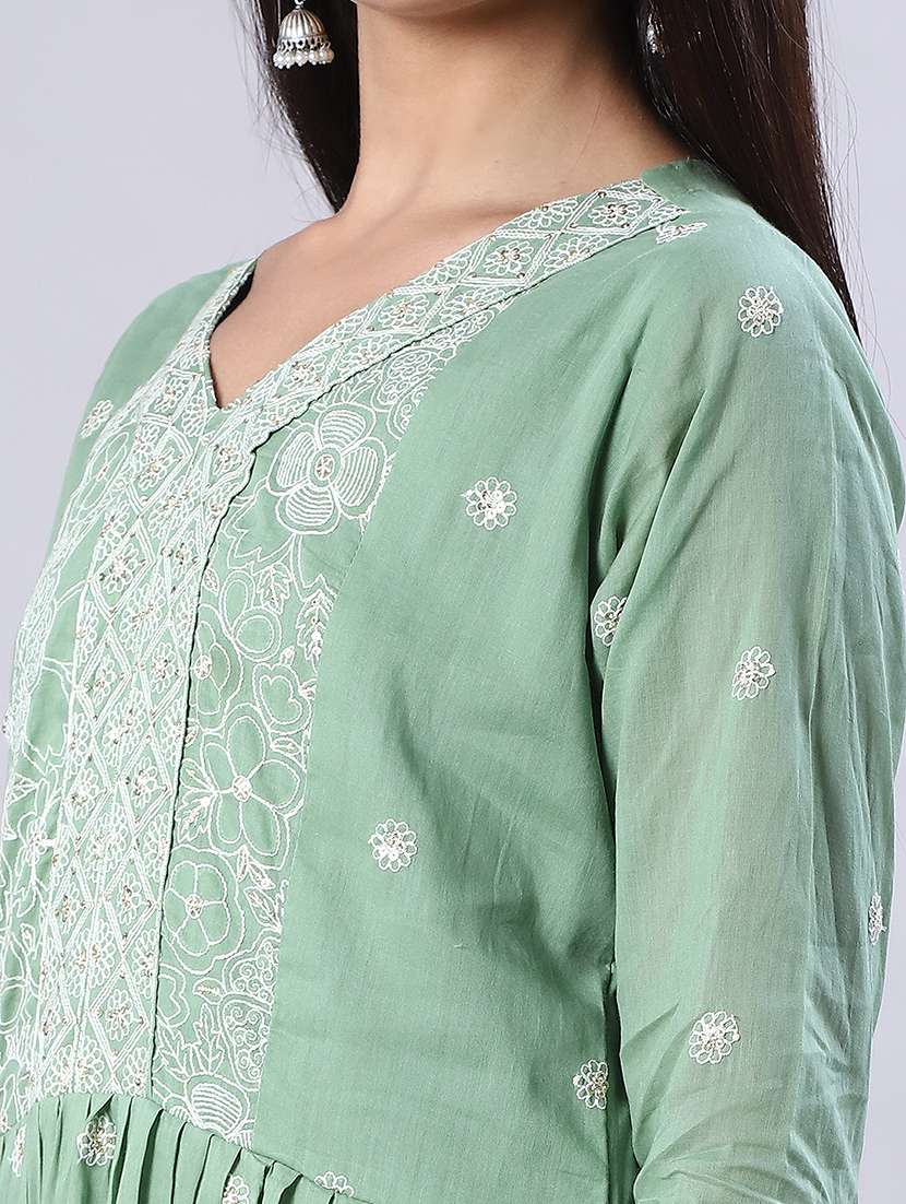 women solid with work three quarter sleeve flared kurta - 22139511 -  Standard Image - 5