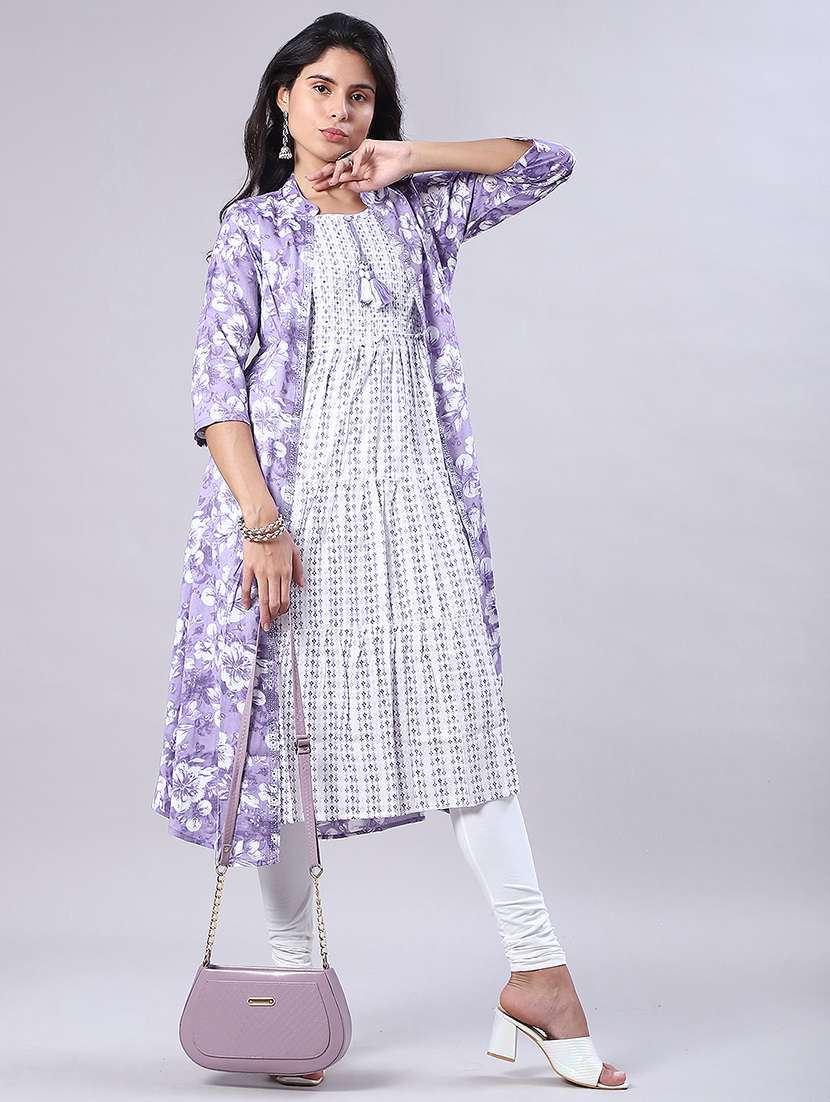 women floral printed three quarter sleeve kurta with jacket