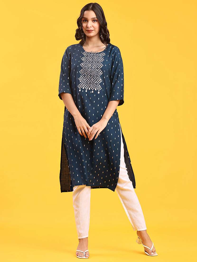 women solid with work three quarter sleeve straight kurta - 22139535 -  Standard Image - 3