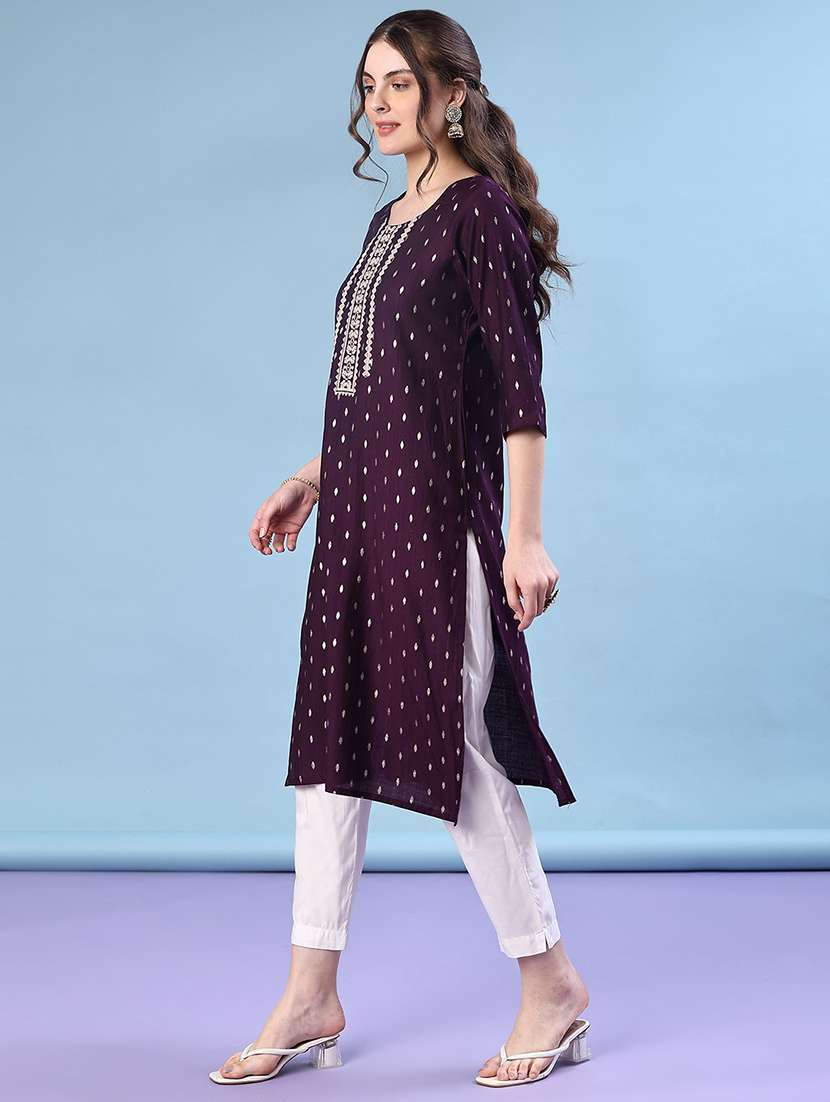 women solid with work three quarter sleeve straight kurta - 22139536 -  Standard Image - 3