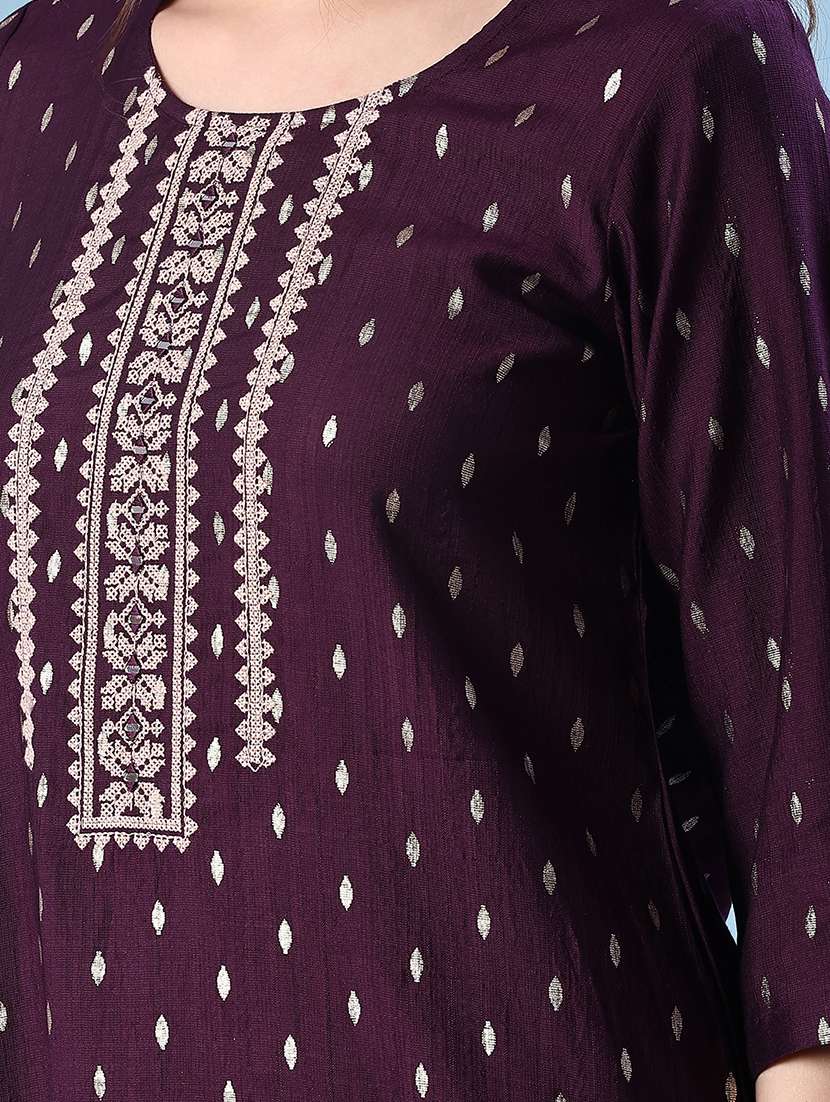 women solid with work three quarter sleeve straight kurta - 22139536 -  Standard Image - 5