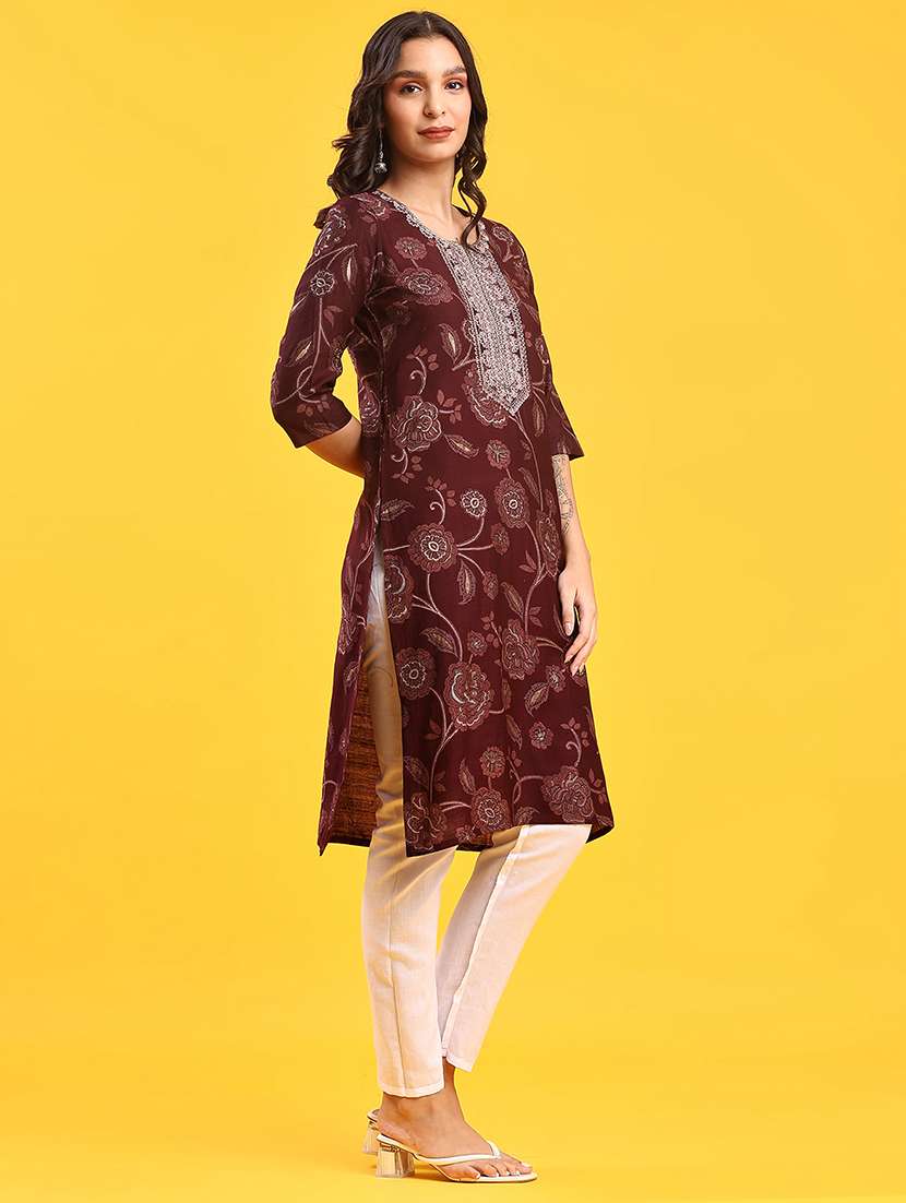 women floral printed three quarter sleeve straight kurta - 22139541 -  Standard Image - 3