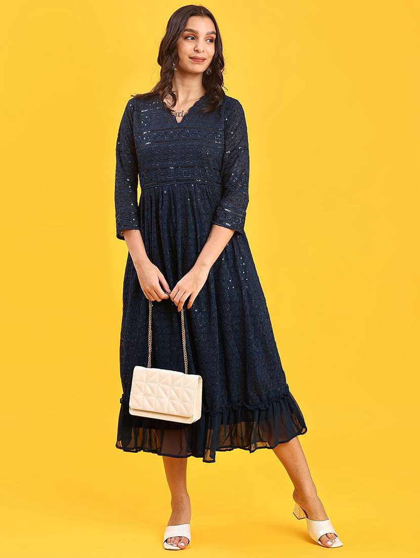 women embroidered three quarter sleeve fit & flare dress