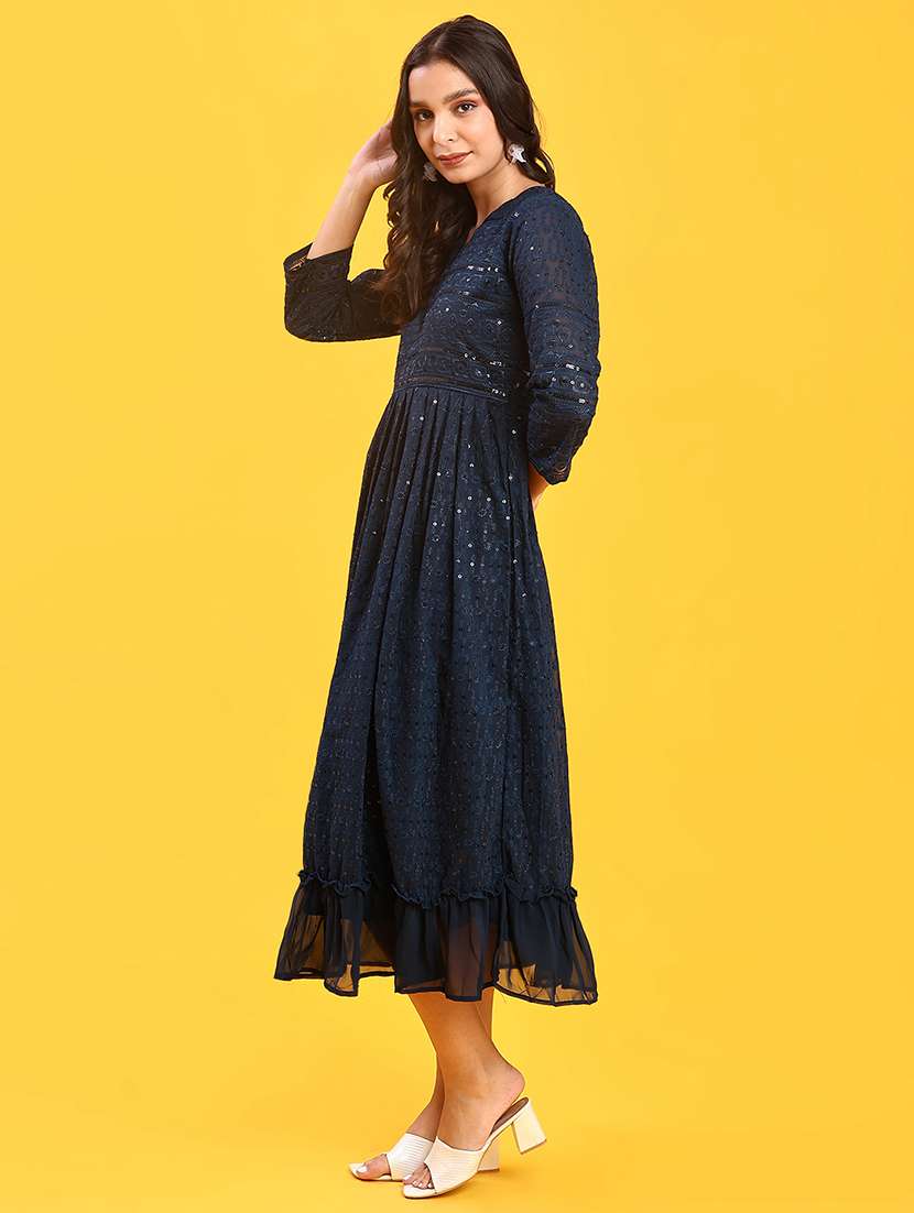women embroidered three quarter sleeve fit & flare dress - 22139549 -  Standard Image - 3