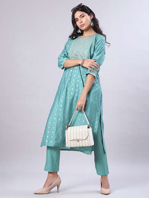 women foil printed three quarter sleeve kurta pant set - 22139620 -  Standard Image - 0