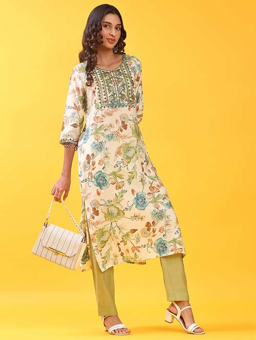 women floral printed three quarter sleeve kurta pant set - 22139623 -  Standard Image - 0