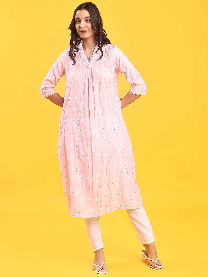 women solid with work three quarter sleeve a-line kurta - 22139681 -  Standard Image - 3