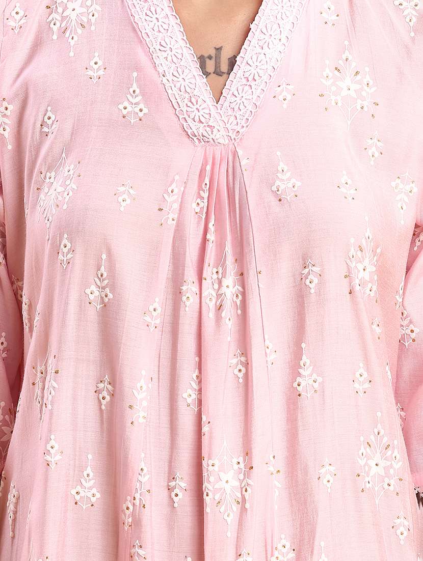 women solid with work three quarter sleeve a-line kurta - 22139681 -  Standard Image - 5