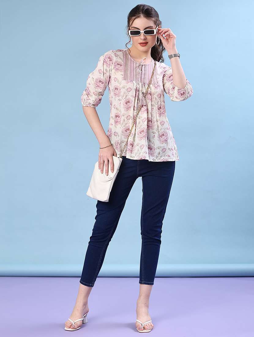 women floral printed three quarter sleeve a-line kurti - 22139706 -  Standard Image - 3