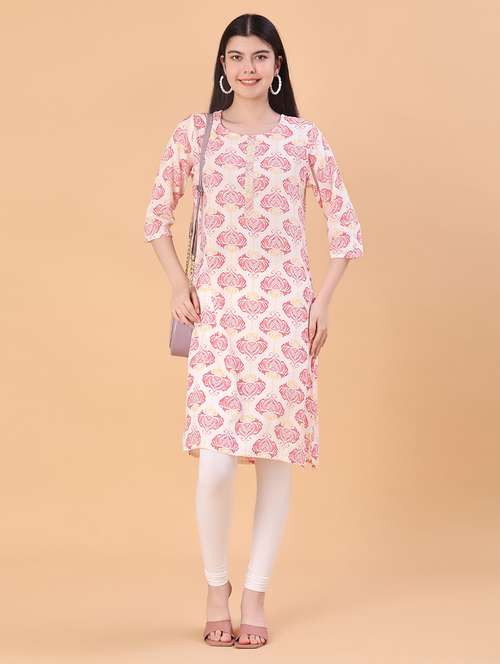 women floral printed three quarter sleeve straight kurta - 22139708 -  Standard Image - 0