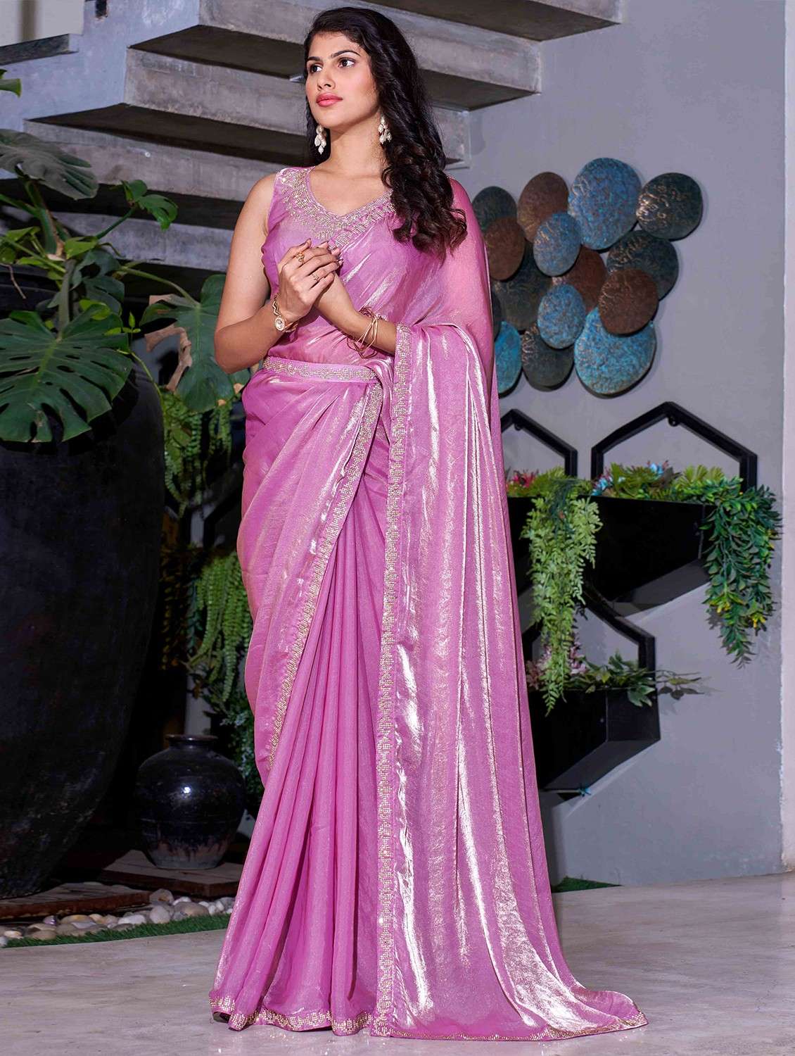 women solid with embellished bordered saree with blouse - 22140117 -  Zoom Image - 0
