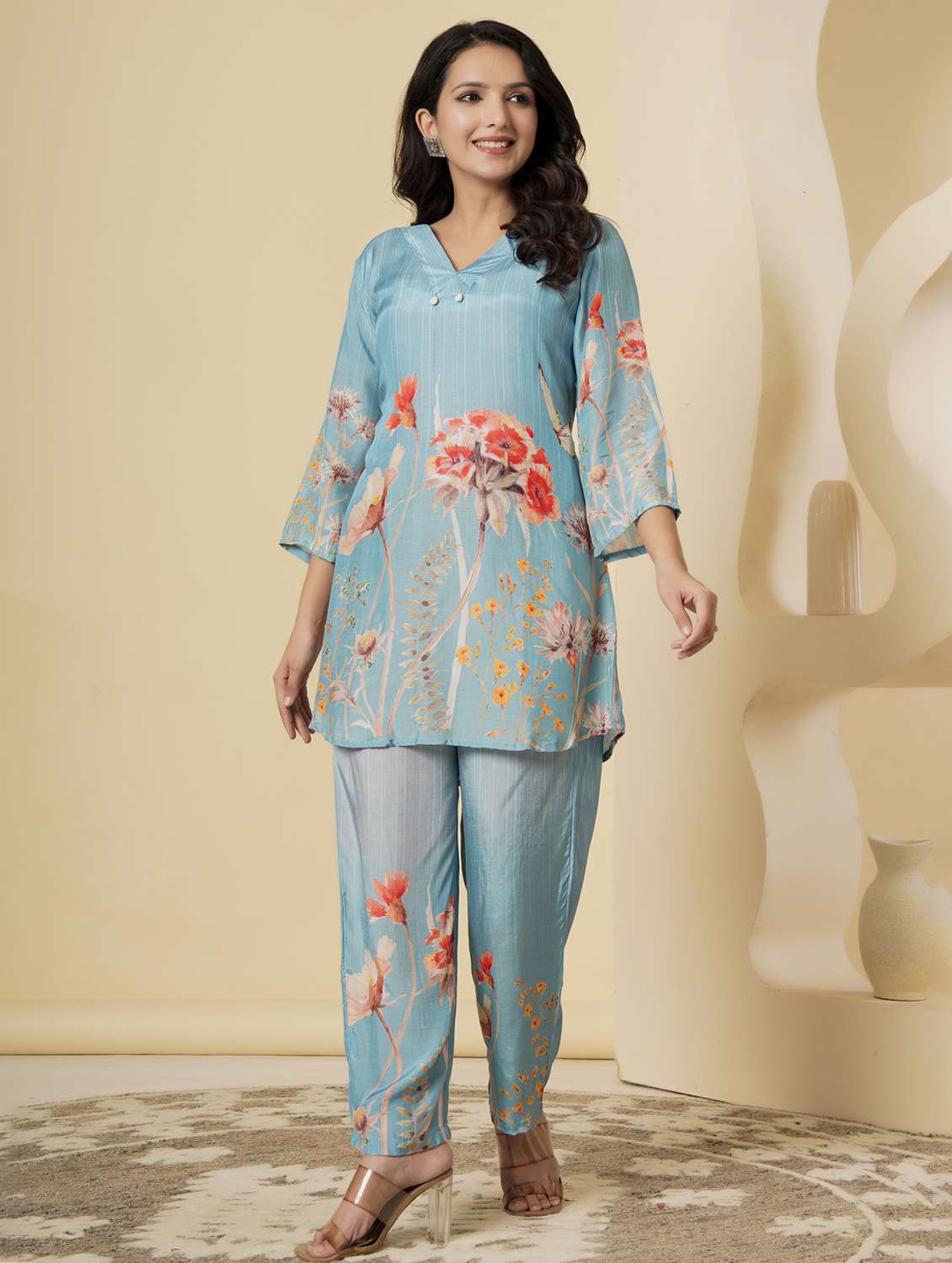 women floral three quarter sleeve ethnic co-ord set - 22140234 - Zoom Image - 0